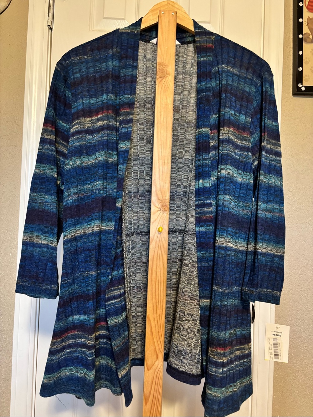 Open-Front Blue Striped Women Cardigan Sweater